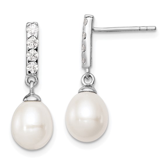 Sterling Silver Rhodium-plated 8-9mm White Teardrop Freshwater Cultured Pearl and CZ Post Earrings