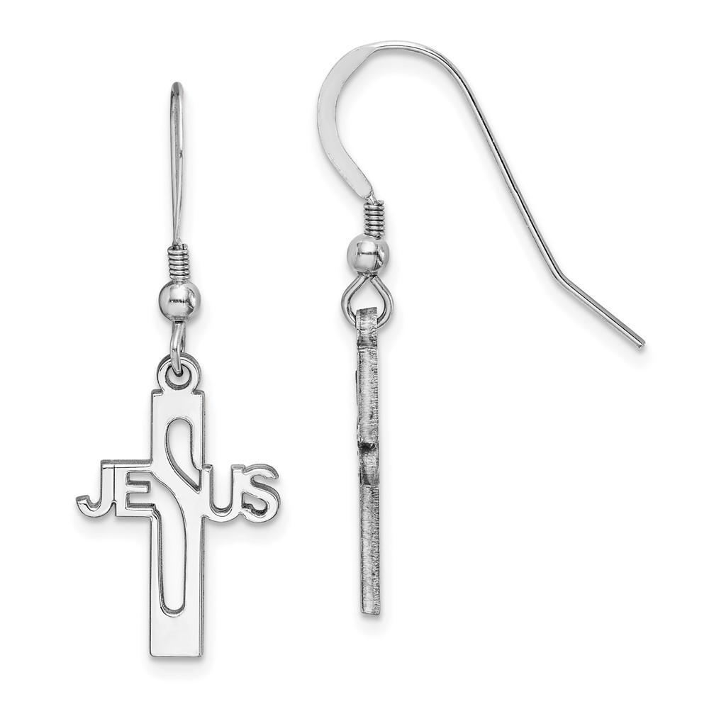 Sterling Silver Rhodium-plated JESUS Cross Shepherd Hook Earrings