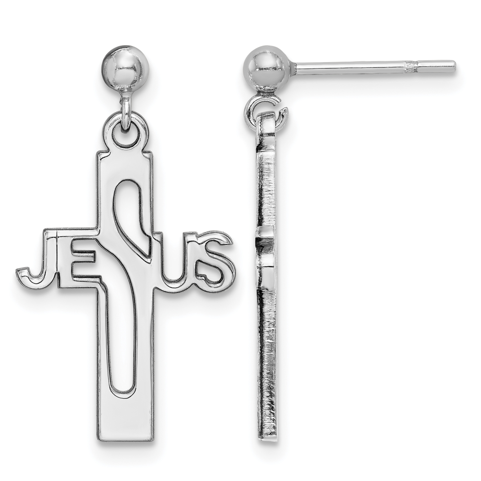 Sterling Silver Rhod-plated Polished JESUS Cross Post Dangle Earrings (QE12979)