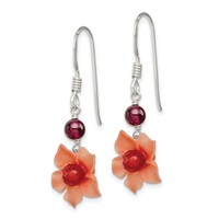 Sterling Silver Polished Garnet & Carnelian Flower Dangle Earrings view 2