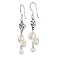 Sterling Silver Polished White 5-9mm Baroque Freshwater Cultured Pearl and Moonstone Fancy Dangle Earrings view 2