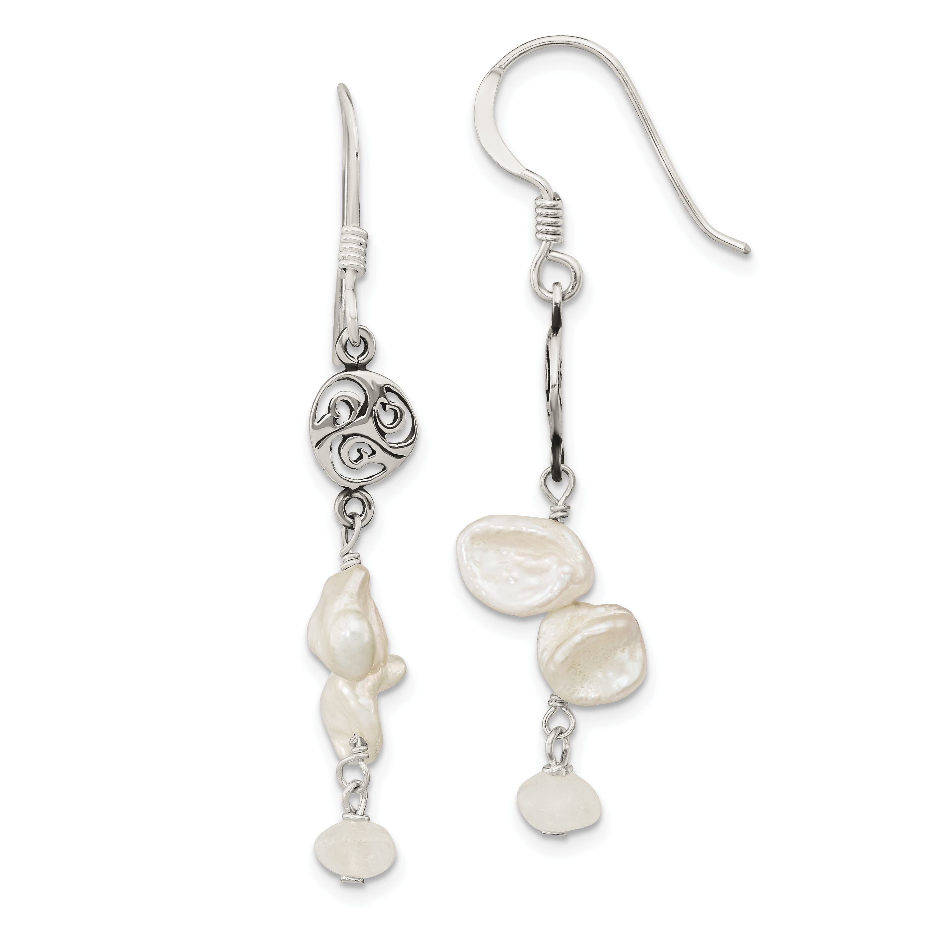 Sterling Silver Polished White 5-9mm Baroque Freshwater Cultured Pearl and Moonstone Fancy Dangle Earrings (QE13082)