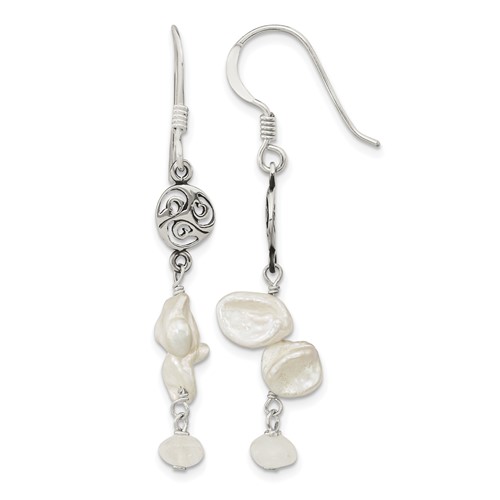 Sterling Silver Polished White 5-9mm Baroque Freshwater Cultured Pearl and Moonstone Fancy Dangle Earrings