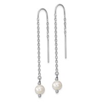Sterling Silver Rhodium-plated 6-7mm White Semi-Round Freshwater Cultured Pearl Threader Earrings view 2