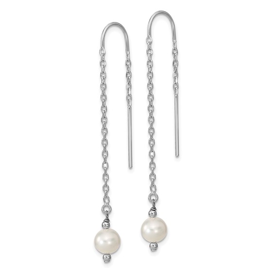 Sterling Silver Rhodium-plated 6-7mm White Semi-Round Freshwater Cultured Pearl Threader Earrings
