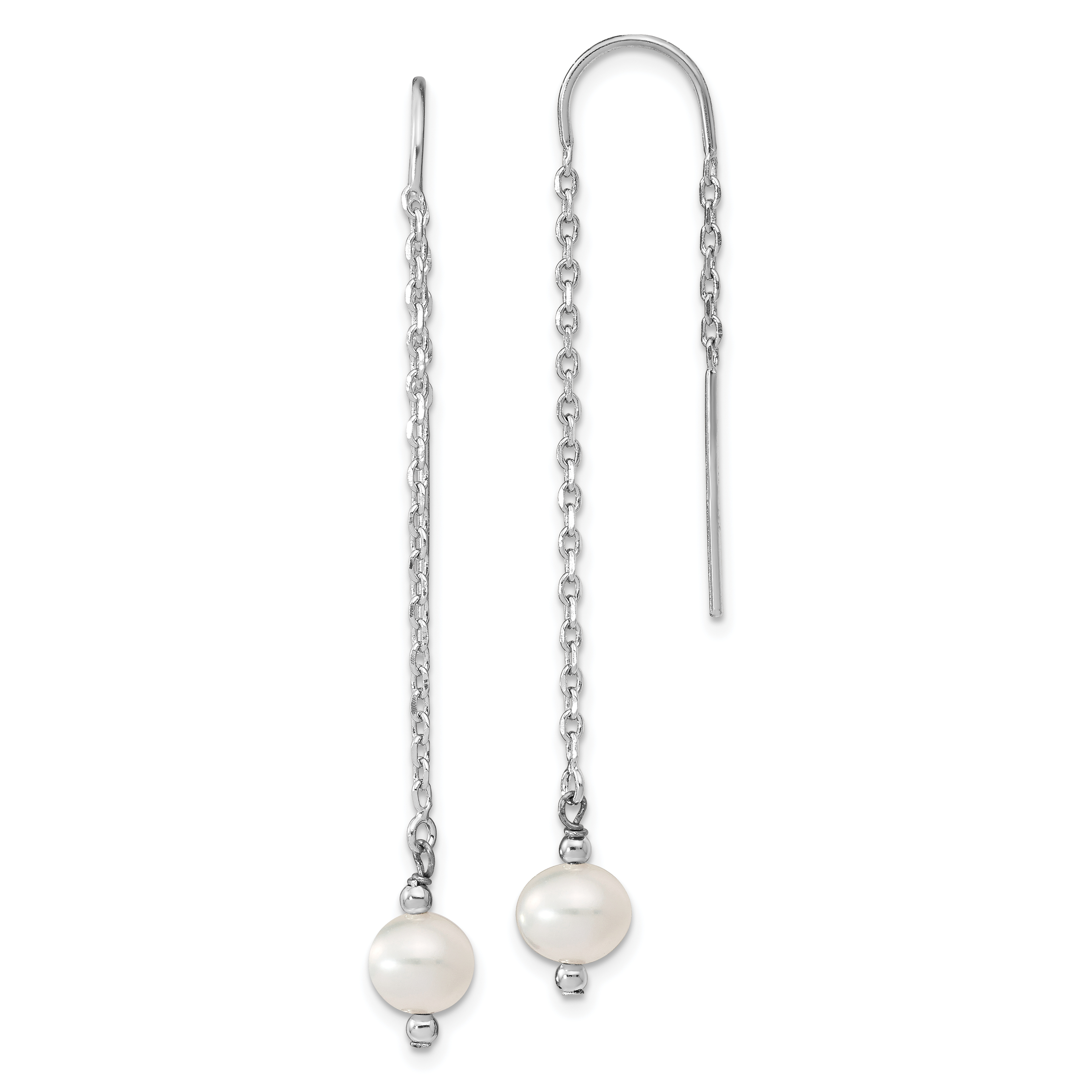 Sterling Silver Rhodium-plated 6-7mm White Semi-Round Freshwater Cultured Pearl Threader Earrings (QE13083)