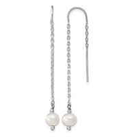 Sterling Silver Rhodium-plated 6-7mm White Semi-Round Freshwater Cultured Pearl Threader Earrings view 1