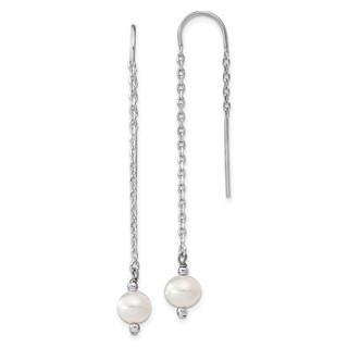 Sterling Silver Rhodium-plated 6-7mm White Semi-Round Freshwater Cultured Pearl Threader Earrings
