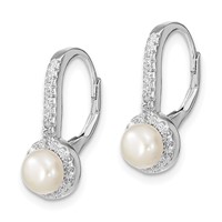 Sterling Silver Rhodium-plated 5-6mm White Button Freshwater Cultured Pearl and CZ Halo Leverback Dangle Earrings view 2