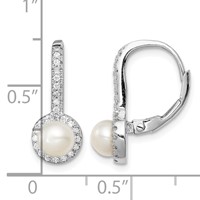 Sterling Silver Rhodium-plated 5-6mm White Button Freshwater Cultured Pearl and CZ Halo Leverback Dangle Earrings view 4