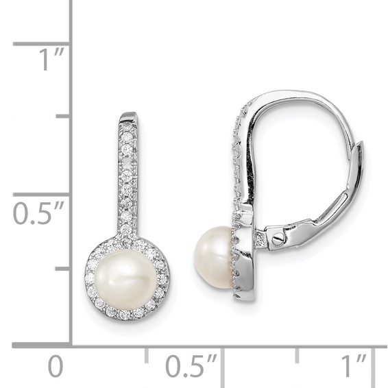 Sterling Silver Rhodium-plated 5-6mm White Button Freshwater Cultured Pearl and CZ Halo Leverback Dangle Earrings