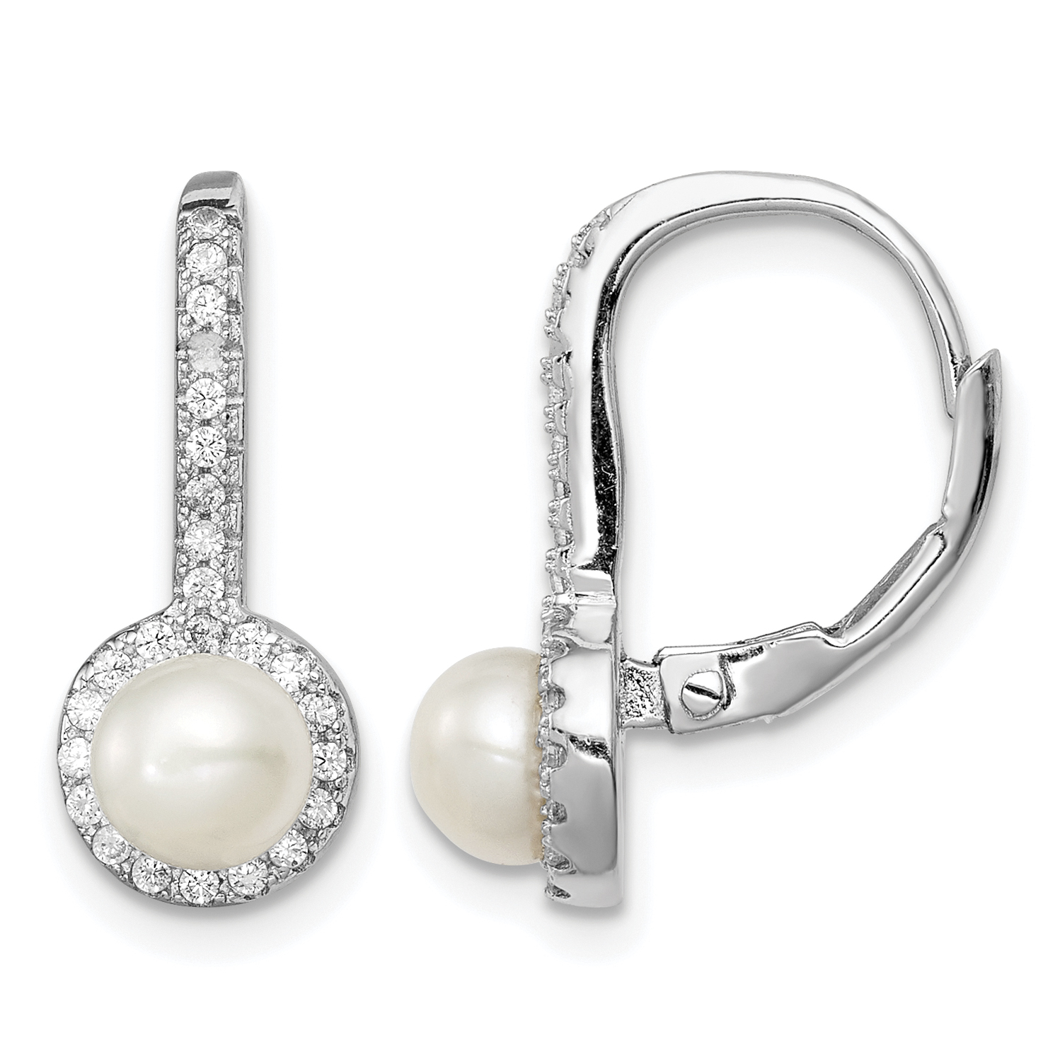 Sterling Silver Rhodium-plated 5-6mm White Button Freshwater Cultured Pearl and CZ Halo Leverback Dangle Earrings (QE13086)