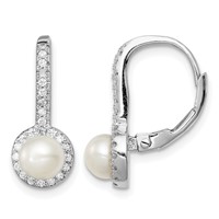 Sterling Silver Rhodium-plated 5-6mm White Button Freshwater Cultured Pearl and CZ Halo Leverback Dangle Earrings view 1