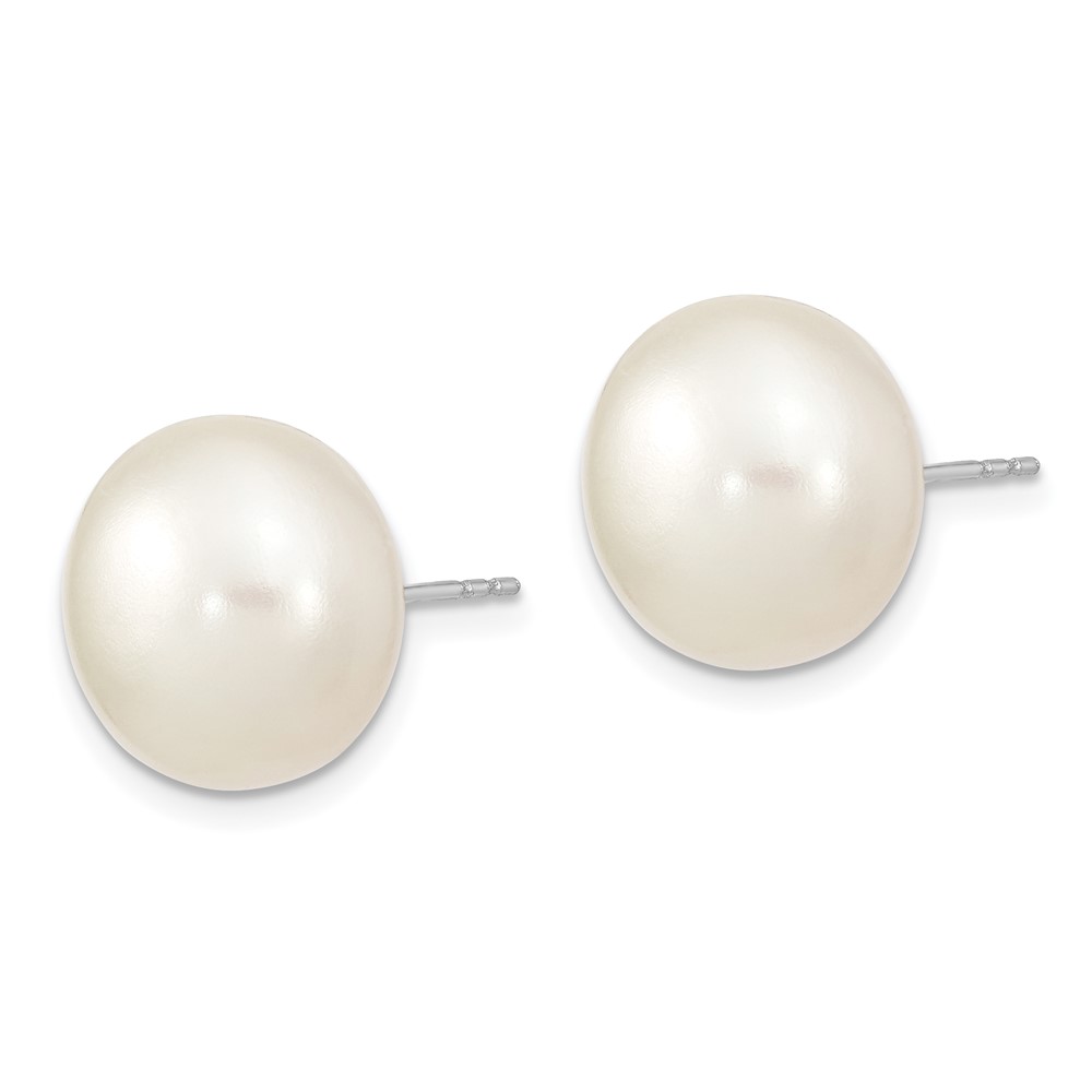 Sterling Silver Rhodium-plated 13-14mm White Button Freshwater Cultured Pearl Post Earrings (QE13093)