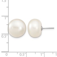 Sterling Silver Rhodium-plated 13-14mm White Button Freshwater Cultured Pearl Post Earrings view 4
