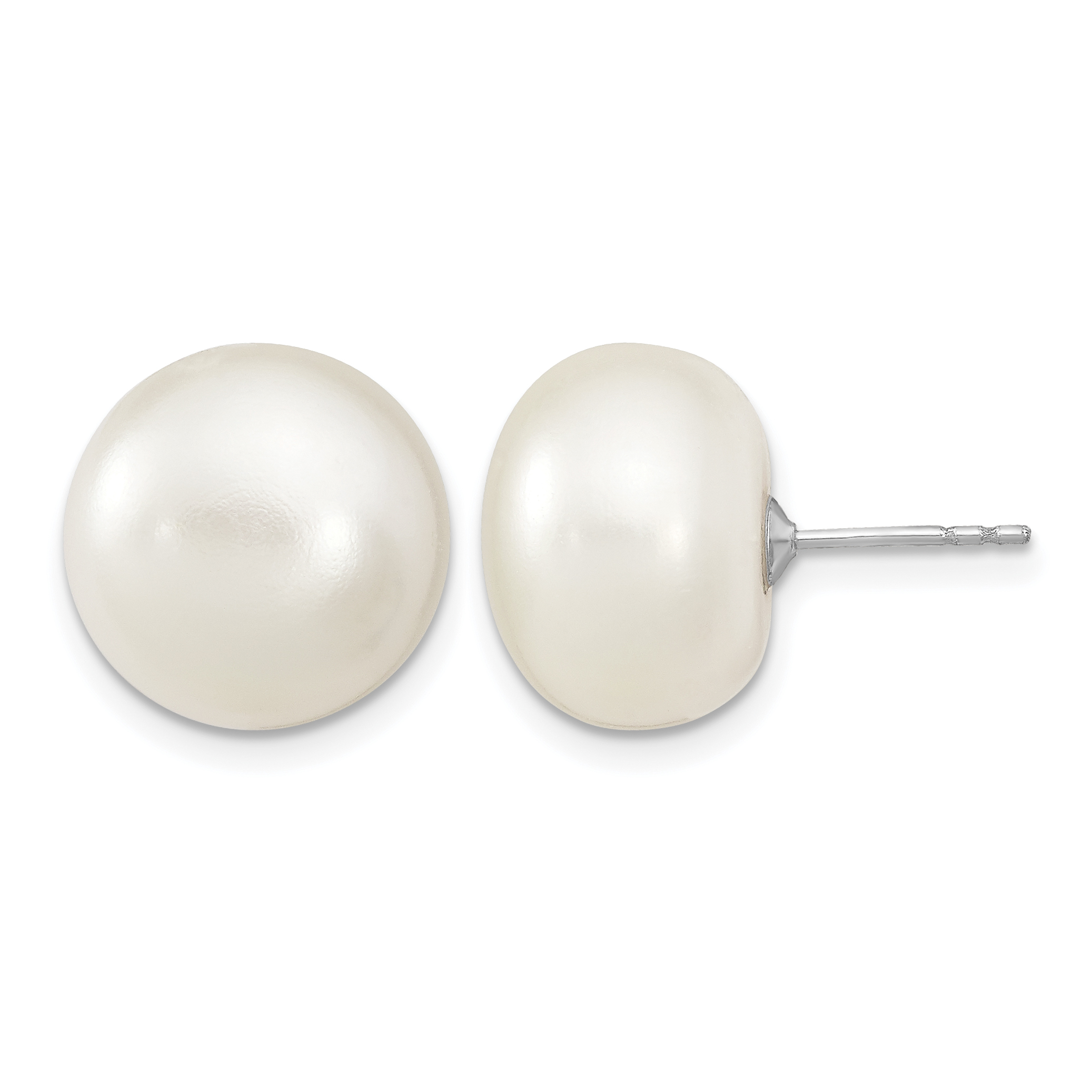 Sterling Silver Rhodium-plated 13-14mm White Button Freshwater Cultured Pearl Post Earrings (QE13093)