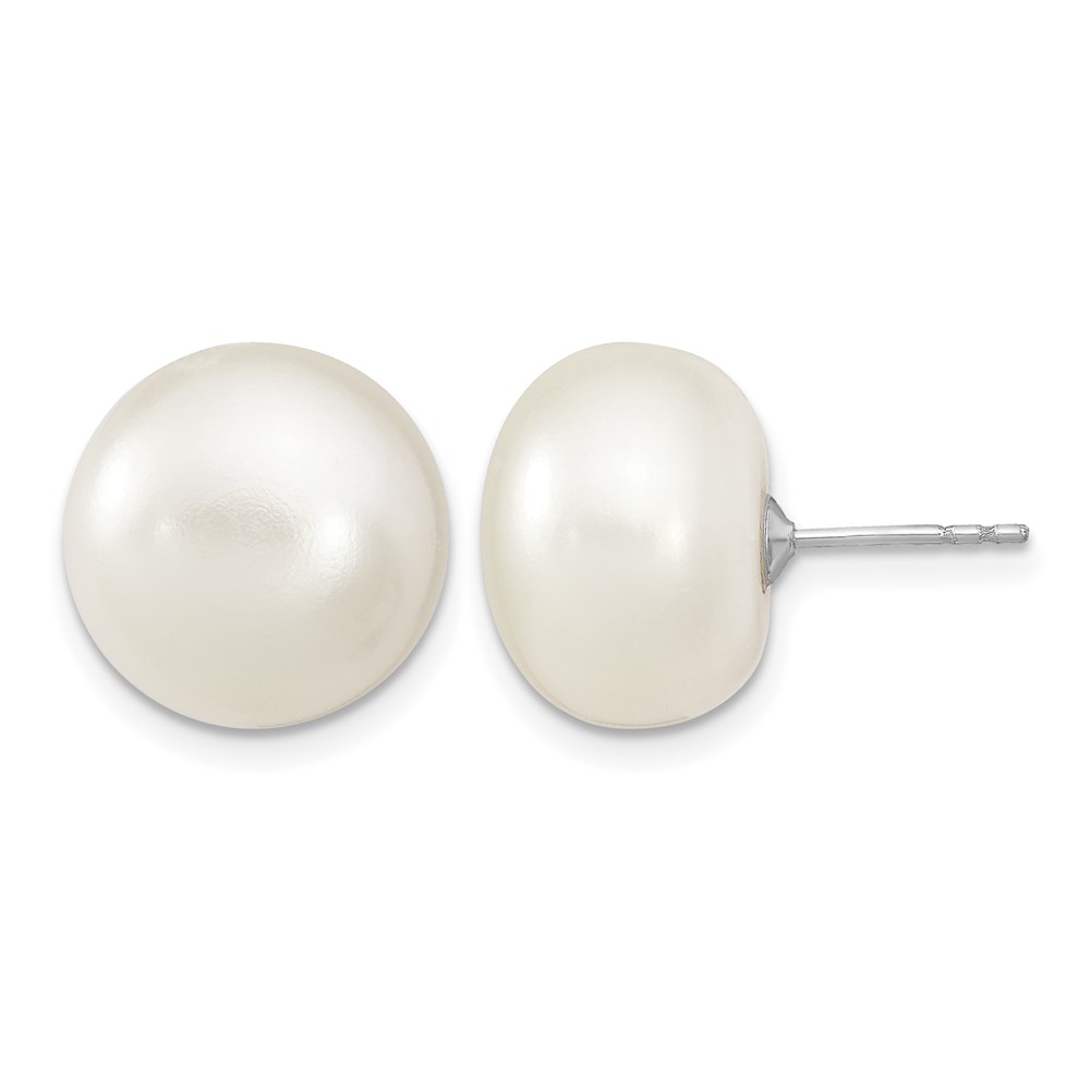 Sterling Silver Rhodium-plated 13-14mm White Button Freshwater Cultured Pearl Post Earrings (QE13093)