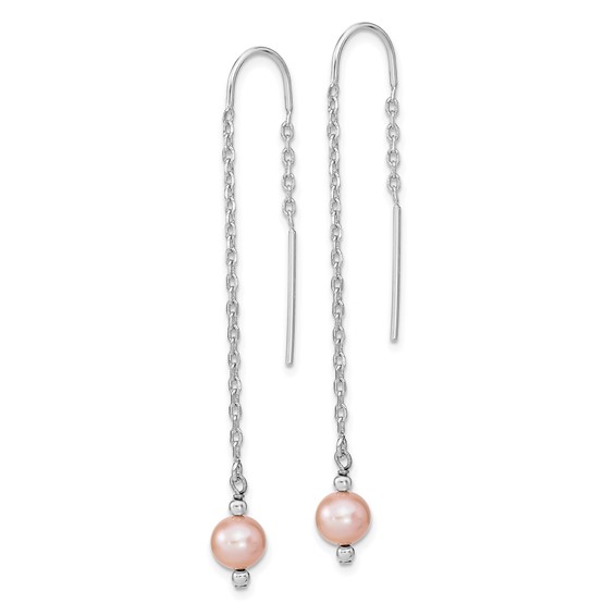 Sterling Silver Rhodium-plated 6-7mm Pink Semi-Round Freshwater Cultured Pearl Threader Earrings