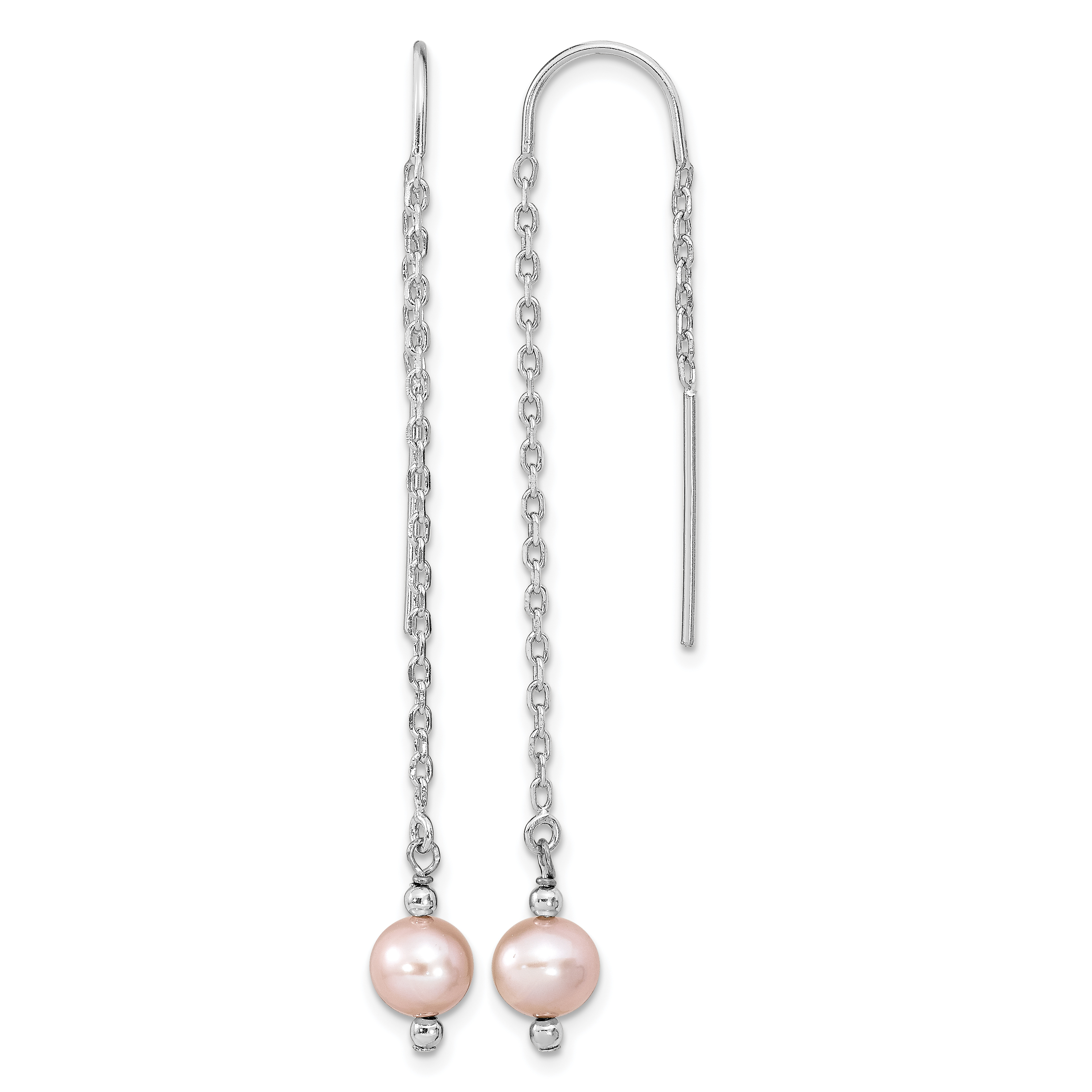 Sterling Silver Rhodium-plated 6-7mm Pink Semi-Round Freshwater Cultured Pearl Threader Earrings (QE13094)