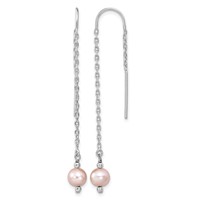 Sterling Silver Rhodium-plated 6-7mm Pink Semi-Round Freshwater Cultured Pearl Threader Earrings view 1
