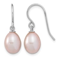 Sterling Silver Rhodium-plated 8-9mm Purple Teardrop Freshwater Cultured Pearl Dangle Earrings view 1