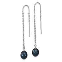 Sterling Silver Rhodium-plated 7-8mm Black Teardrop Freshwater Cultured Pearl Threader Earrings view 2