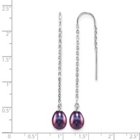 Sterling Silver Rhodium-plated 7-8mm Black Teardrop Freshwater Cultured Pearl Threader Earrings view 4