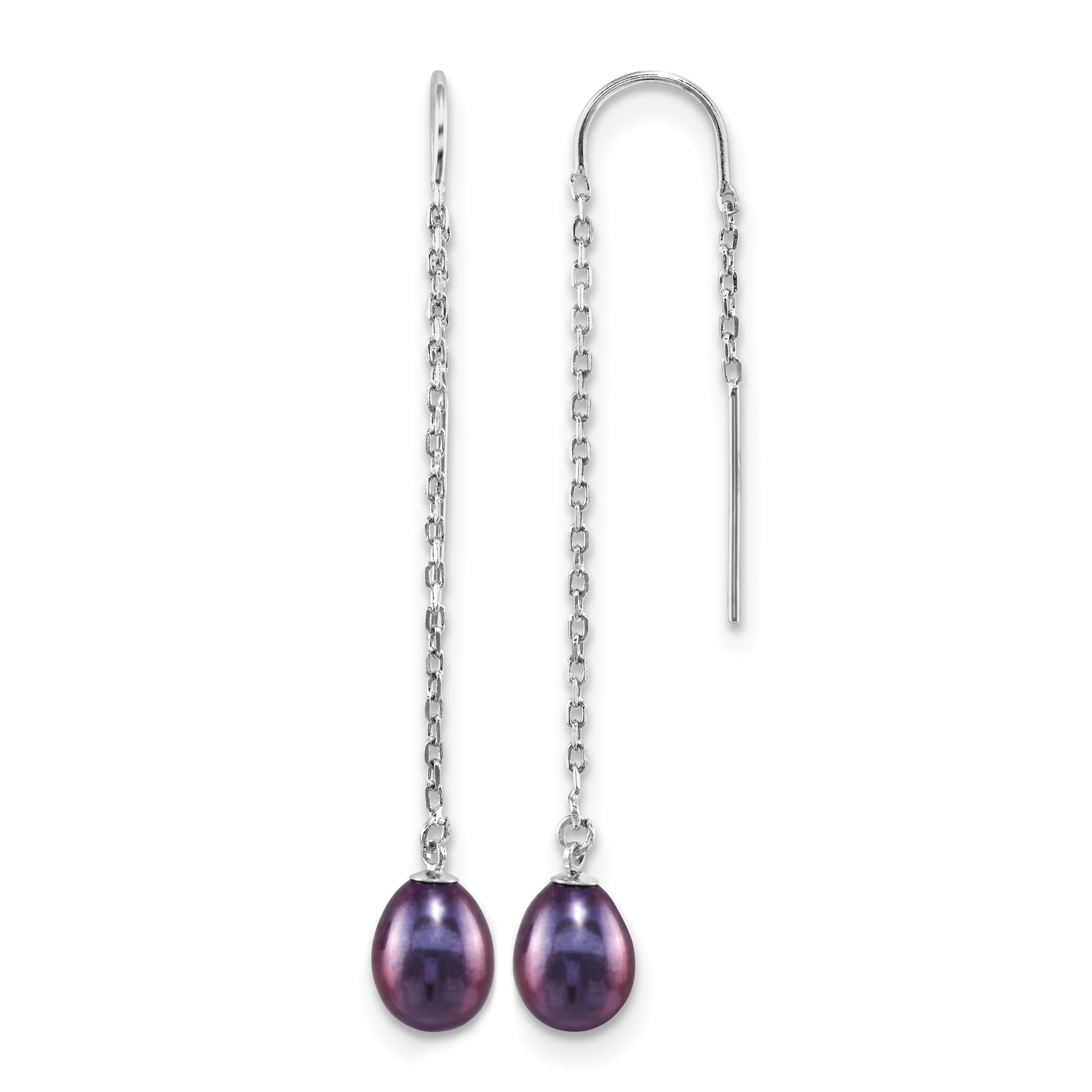 Sterling Silver Rhodium-plated 7-8mm Black Teardrop Freshwater Cultured Pearl Threader Earrings (QE13099)