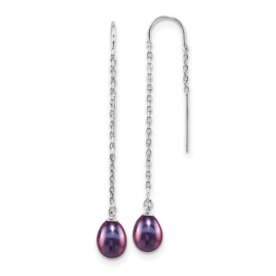 Sterling Silver Rhodium-plated 7-8mm Black Teardrop Freshwater Cultured Pearl Threader Earrings