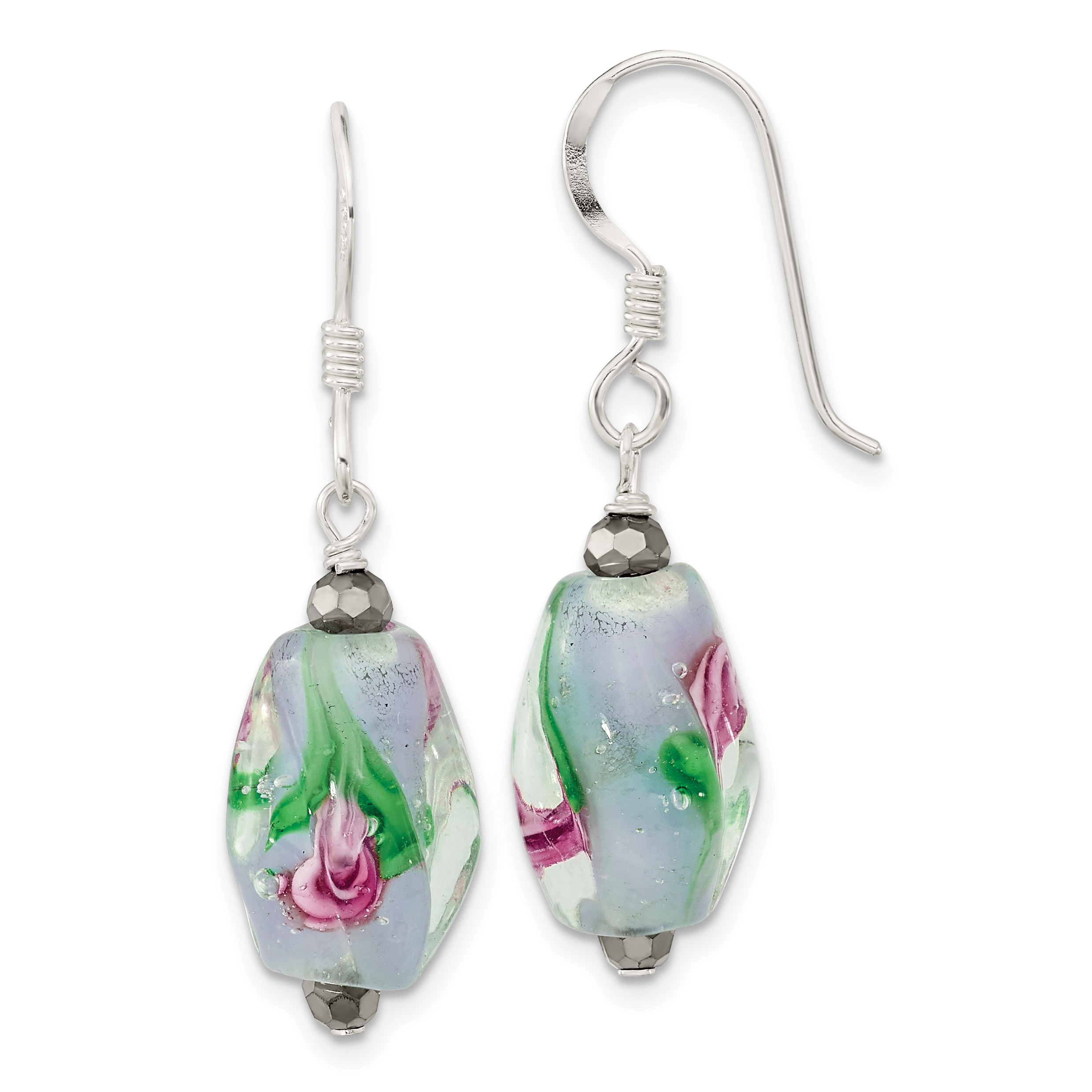 Sterling Silver Polished Hematite & Abstract Glass Dangle Earrings (QE13115)