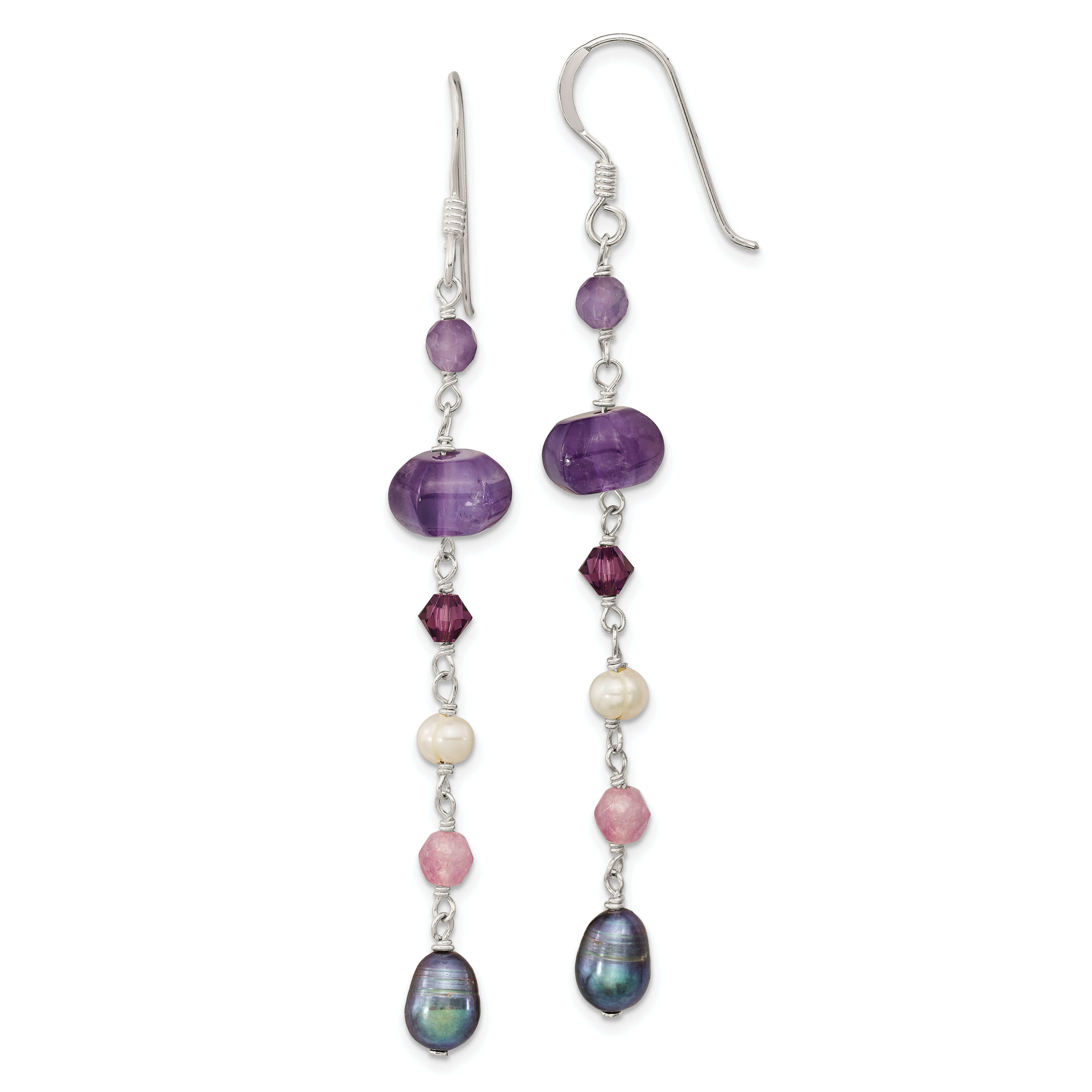 Sterling Silver Polished Amethyst, Lavendar Jade, White & Black Freshwater Cultured Pearl Dangle Earrings (QE13126)