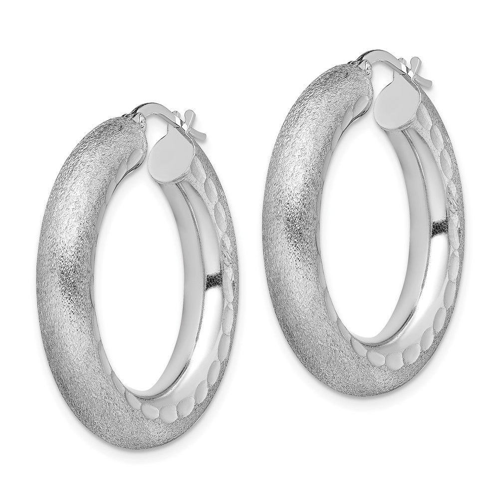 Sterling Silver Rhodium-plated Diamond-cut Polished/Satin 5mm Hoop Earrings (QE13127)