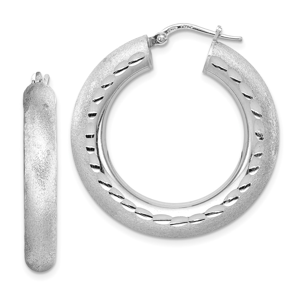 Sterling Silver Rhodium-plated Diamond-cut Polished/Satin 5mm Hoop Earrings (QE13127)