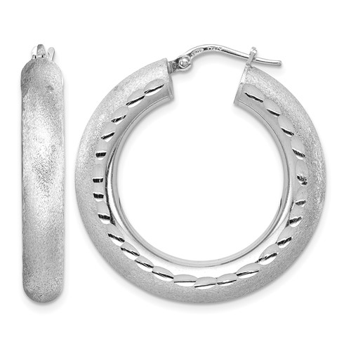 Sterling Silver Rhodium-plated Diamond-cut Polished Satin 5mm Hoop Earrings