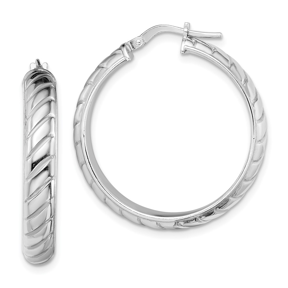 Sterling Silver Rhodium-plated 5x25mm Polished Textured Hoops (QE13184)
