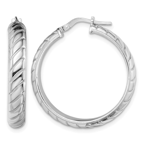 Sterling Silver Rhodium-plated 5x 25mm Polished Textured Hoops