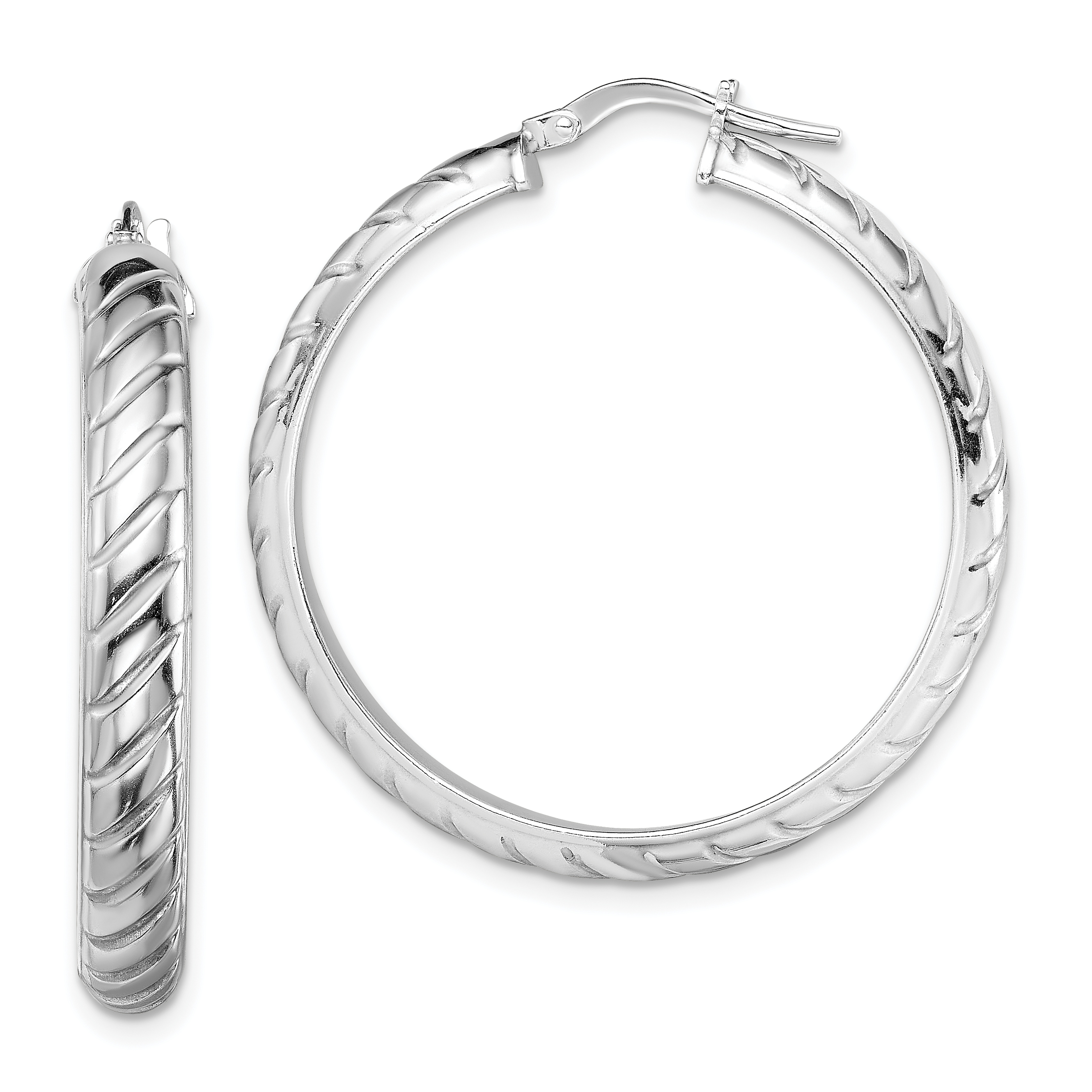 Sterling Silver Rhodium-plated 5x30mm Polished Textured Hoops (QE13185)
