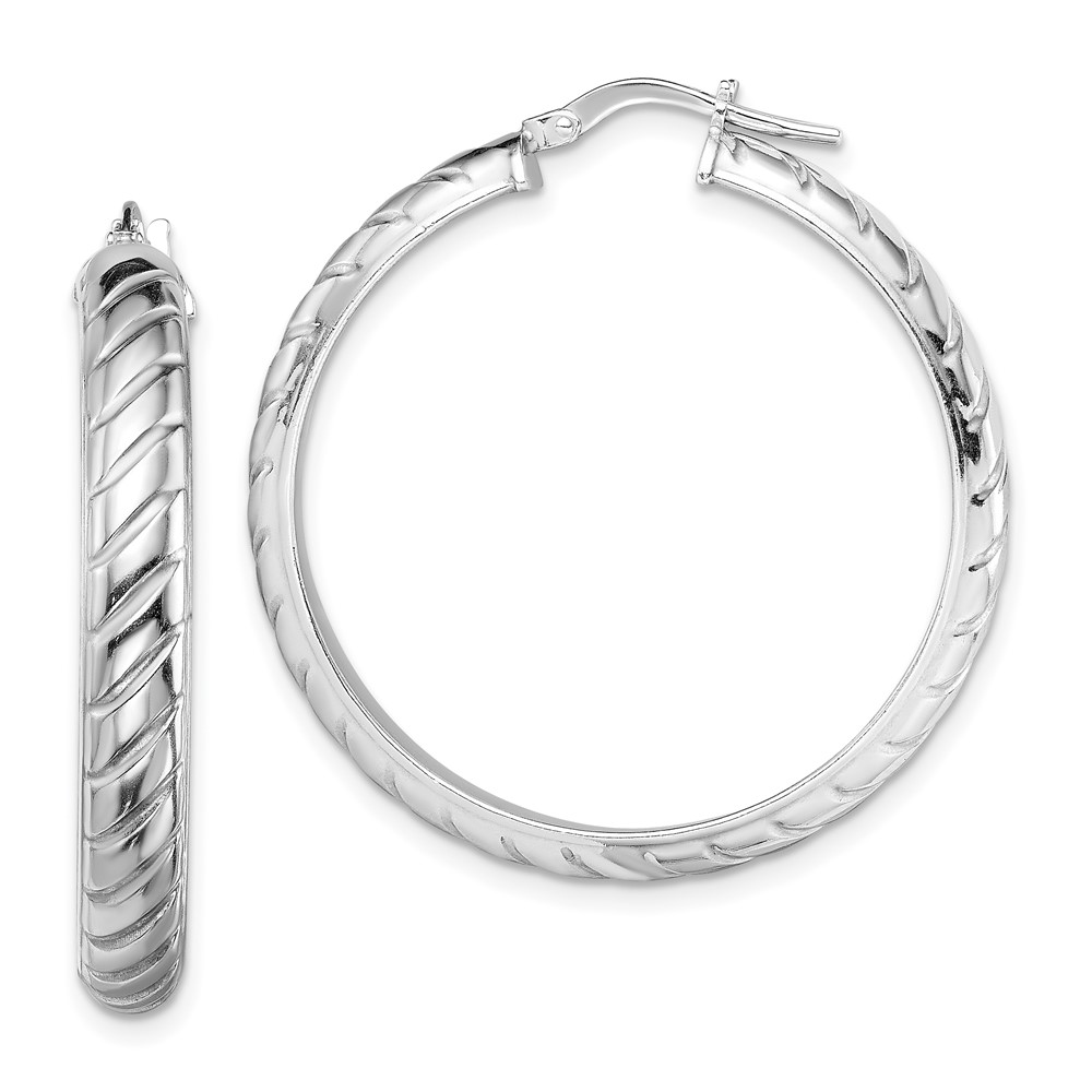 Sterling Silver Rhodium-plated 5x30mm Polished Textured Hoops (QE13185)