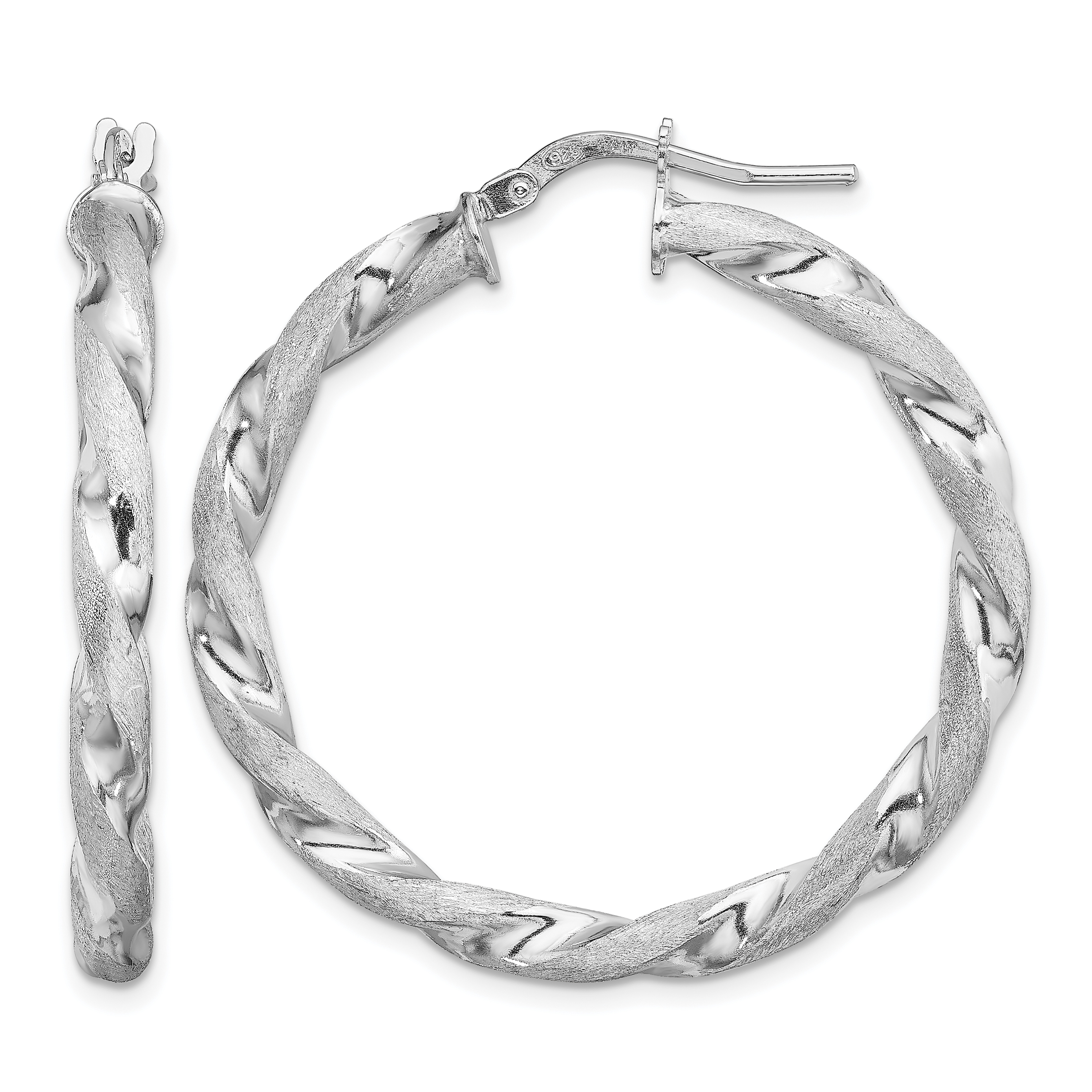 Sterling Silver RH-Plated Satin Polished Twisted 3x35mm Hoop Earrings (QE13186)