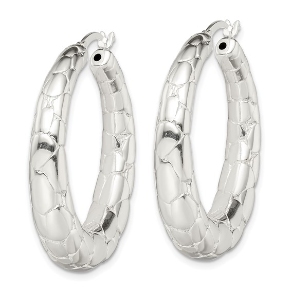 Sterling Silver Polished & Pebbled Round Hoop Earrings