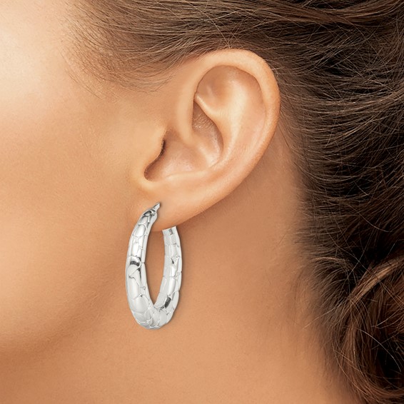Sterling Silver Polished & Pebbled Round Hoop Earrings