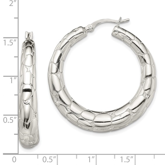 Sterling Silver Polished & Pebbled Round Hoop Earrings