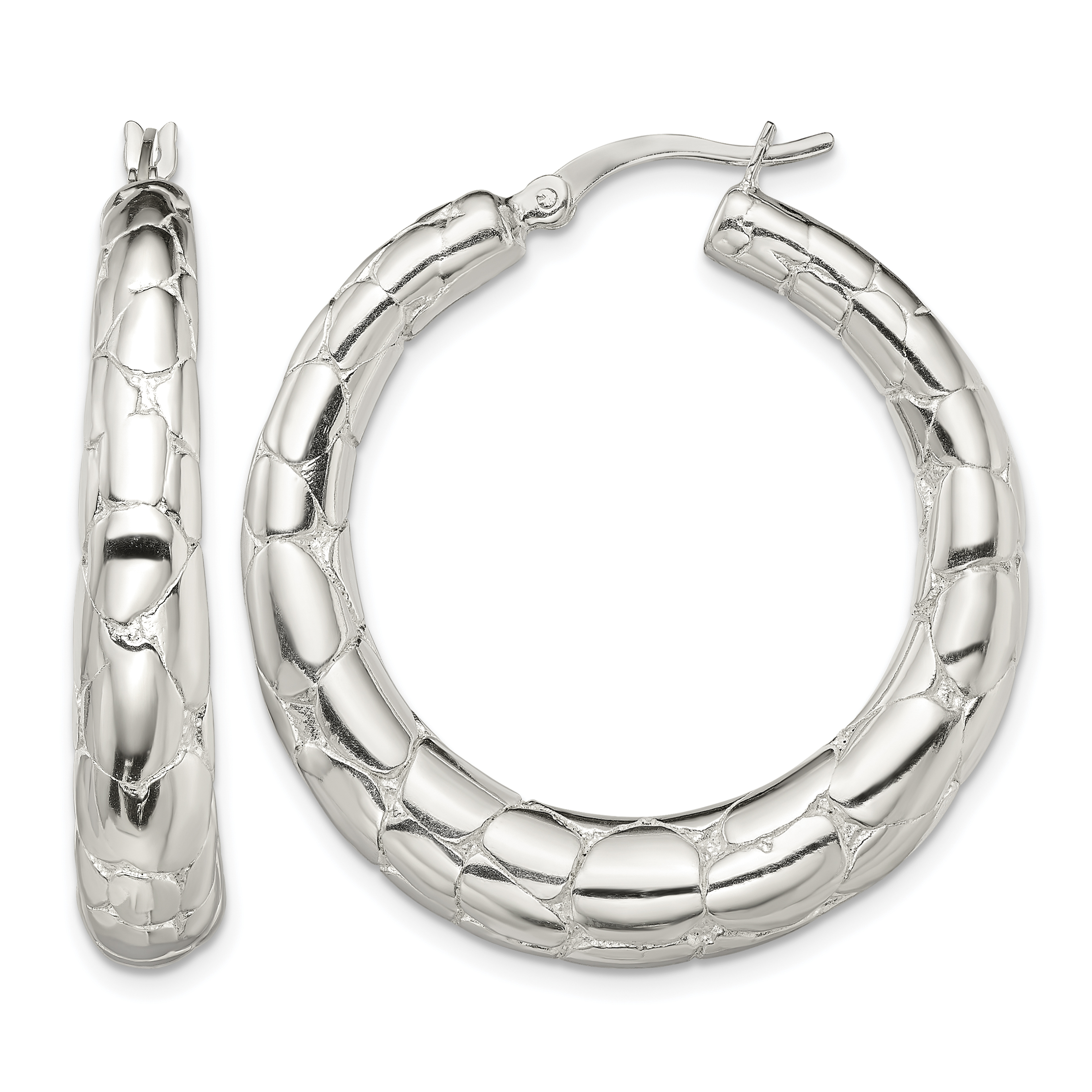 Sterling Silver Polished & Pebbled Round Hoop Earrings (QE13218)