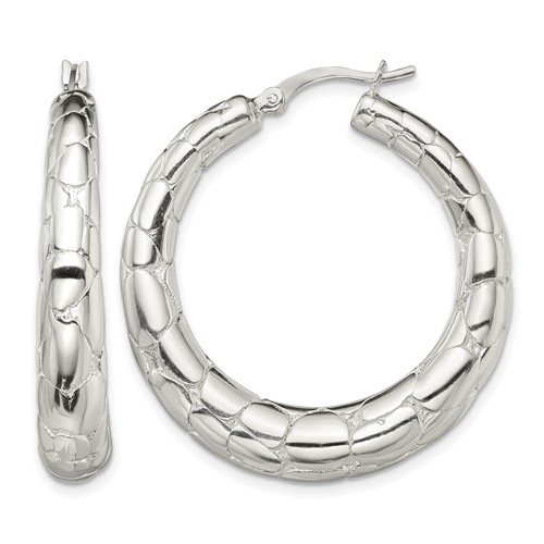 Sterling Silver Polished & Pebbled Round Hoop Earrings