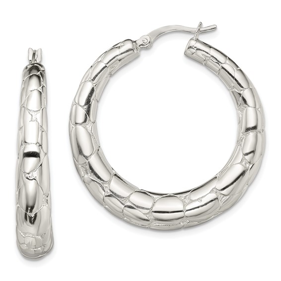 Sterling Silver Polished & Pebbled Round Hoop Earrings
