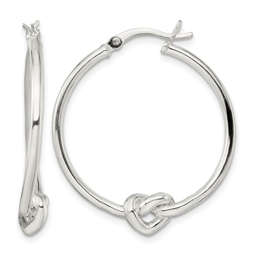 Sterling Silver Polished Heart Knot Round Hoop Earrings