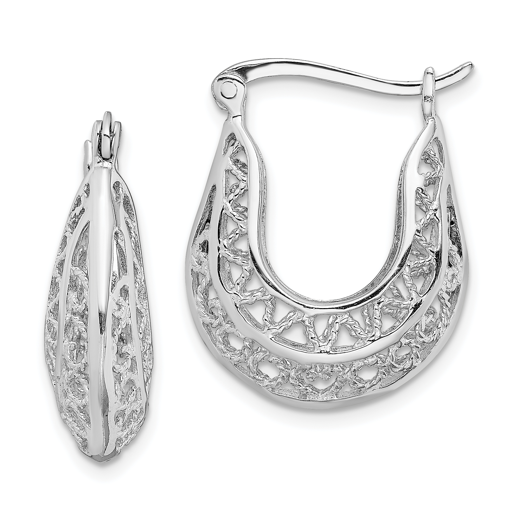 Sterling Silver Rhodium-plated Polished & Filigree Hoop Earrings (QE13246)