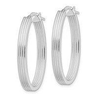 Sterling Silver Rhod-plated Polished & Striped 4mm Oval Hoop Earrings view 2