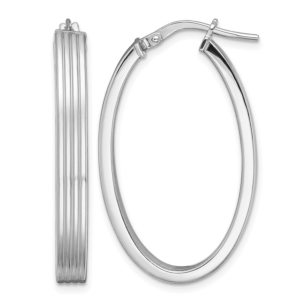Sterling Silver Rhod-plated Polished & Striped 4mm Oval Hoop Earrings (QE13257)