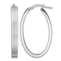 Sterling Silver Rhod-plated Polished & Striped 4mm Oval Hoop Earrings view 1